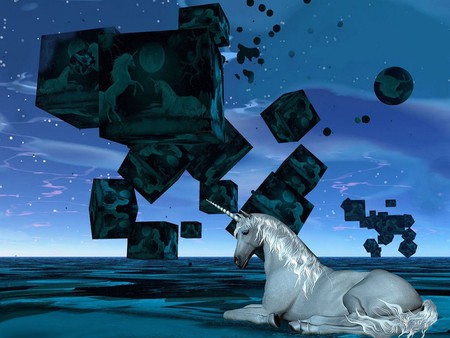 BLUE NITE UNICORN - clouds, blue, cubes, night, unicorn, sky