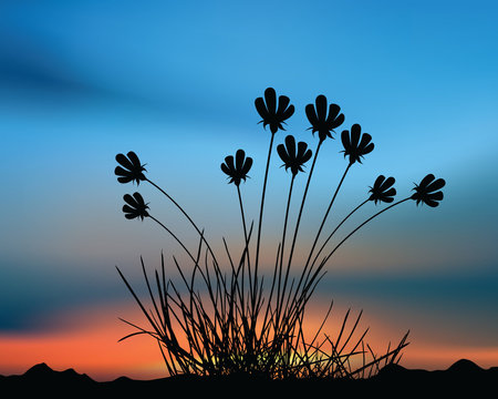 Saying Goodnight - blue, silhouette, orange, leaves, flowers, ground, grasses, sunset, red, sky