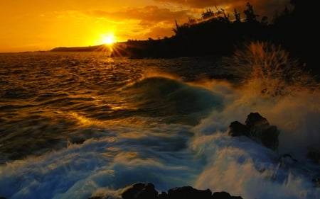 BEAUTIFUL ENDING - ocean, beach, kauai, rock, hawaii, sunset, waves