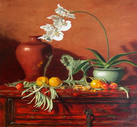 Moth Orchids - orchids, statue, fruits, wooden, vase, painting, horse, table, pot