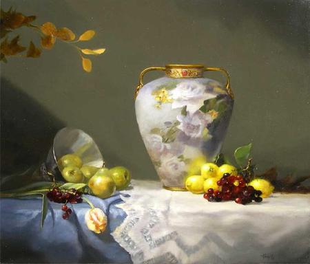 Lemon Light - bowl, pears, vase, cloth, painting, silver, table, lace, lemons, grapes