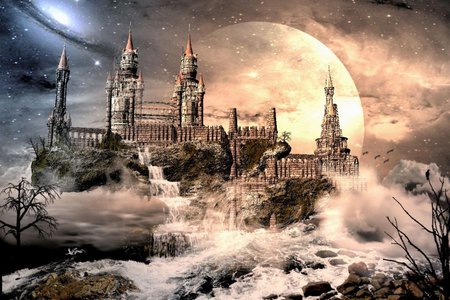 CASTLE MOON - moon, waterfall, castle, sky