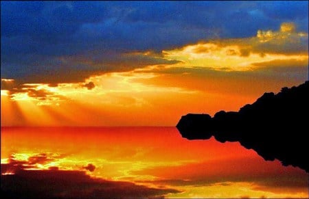 The breaking sky - clouds, trees, sunset, water, evening, orange and gold, rays of sun