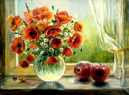 Autumn's Breeze - windowsill, still life, glass vse, apples, curtain, orange poppies, window, flowers, poppies