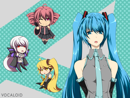 Vocaloid Girls - pretty, anime, vocaloid, twintail, yowane haku, hatsune miku, kasane teto, akita neru, microphone, white hair, red hair, haku, teto, blue hair, chibi, yellow hair, nice, blue eyes, beautiful, akita, beauty, cool, red eyes, miku, awesome, cute, vocaloids