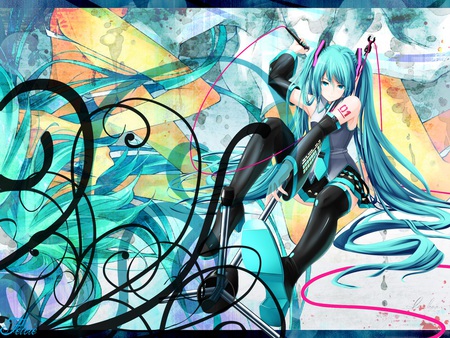 Hatsune Miku - miku, hatsune, black, cute, beautiful, sleeping, colorful, blue hair, pretty, cool, beauty, awesome, thighhighs, twintail, blue, wire, nice, skirt, blue eyes, hatsune miku