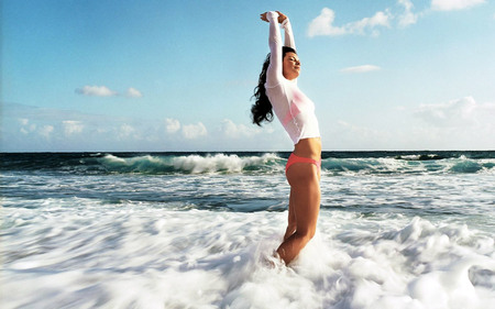 Beach Girl - people, foam, beautiful, girl, ocean, happy, bikini, model, waves