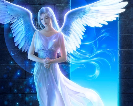 Azure road - sexy, hot, angel, female, wings, anime girl, fantasy, wing, blue, anime, feather, cute