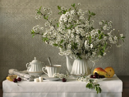 Good morning - pears, fruits, tea, saucer, vase, cup, white, cherries, creamer, flowers