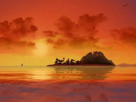 The Island - nature, ocean, trees, mountain, island, sailboat, sunset