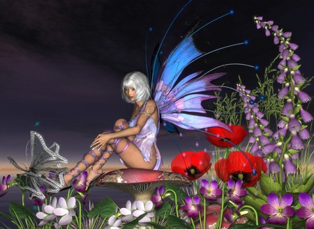 FAIRY SUROUNDED BY FLOWERS - flowers, colorful, mushrooms, butterfly, fairy