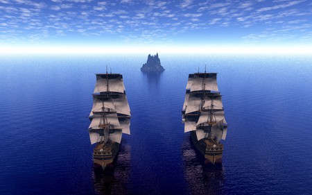 TWIN SHIPS - sky, ships, clouds, ocean, twin, blue