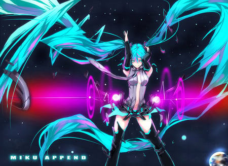 Hatsune Miku Append 01 - nice, beauty, headset, twintail, miku append, append 01, pretty, cool, anime, miku, cute, hatsune miku, stars, unrealistic, space, shiny, hatsune, vocaloids, blue hair, star, headphones, red, vocaloid, blue, pink, beautiful, awesome, lights