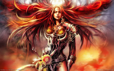 FANTASY GIRL - redhead, female, warrior, fantasy, cg, belt, abstract, armour, 3d, sword, hornes