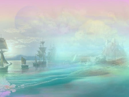 PASTEL SEA - clouds, ships, sea, mountains, sky, pastel