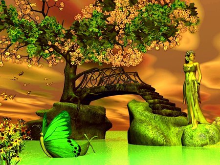 PEA GREEN BOAT SAILS - blossoms, neon, water, boat, sky, butterflies, golden, fairy, tree, green