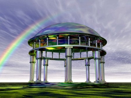 RAINBOW REFLECTIONS - reflections, rainbow, sky, clouds, green, grass, gazbo