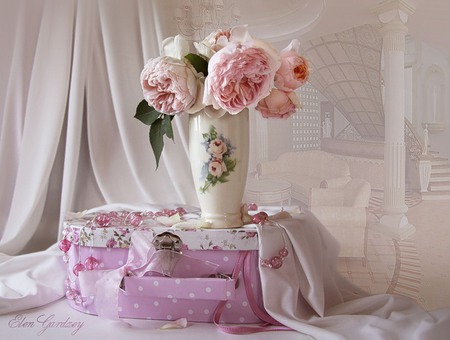 still life - stairs, nice, beauty, sofa, photography, delicate, bouquet, wonderful, still life, curtain, box, cool, table, ribbon, palace, harmony, jewelry, veil, background, necklace, tenderness, bag, gentle, vase, pink, beautiful, flowers, photo, flower