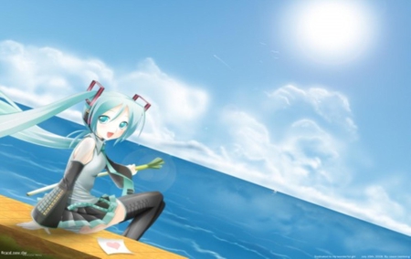 Hatsune Miku - pretty, anime, vocaloid, heart, blue, twintail, hatsune miku, headphones, blue hair, bench, nice, sky, blue eyes, sun, clouds, skirt, beautiful, sea, thighhighs, beauty, ocean, negi, miku, awesome, cute, hatsune, paper, headset, vocaloids, leek