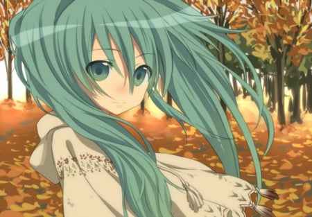 An Autumn Day - pretty, anime, vocaloid, blue, twintail, hatsune miku, leaves, blue hair, nice, blue eyes, trees, beautiful, beauty, cool, orange, fall, white, miku, awesome, autumn, cute, hatsune, vocaloids