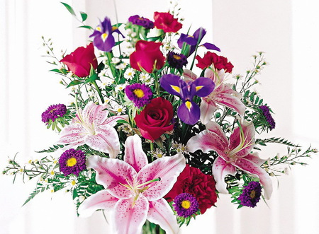 Bouquet - violas, purple, lily, roses, pink, red, violet