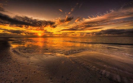 Sands beneath the sun - beach, evening, ripples, clouds, water, sand, golden color