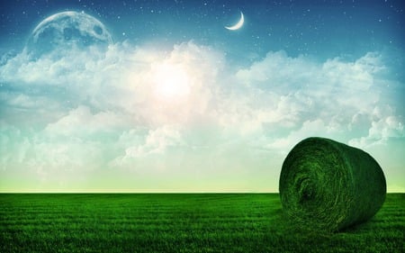 Dream - moon, green, grass, clouds