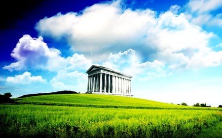 Alone Temple - sky, blue, clouds, temple, grass