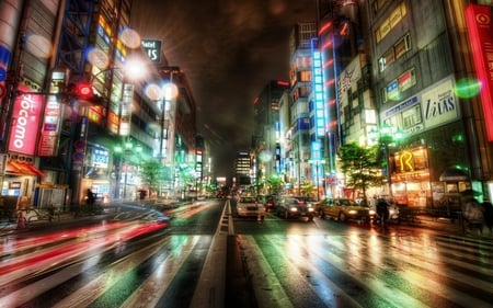 Tokyo - lighthouse, street, traffic, cities, rain, light, tokyo, night, cars, cool, japan, beautiful, city, ads, architecture, lights