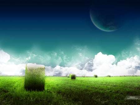 Dreamin - green, field, grass, clouds