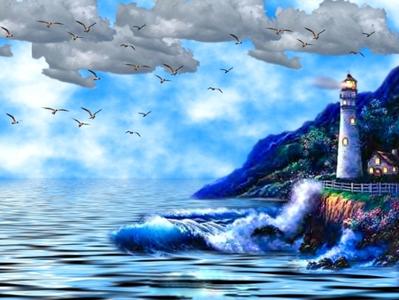 ocean splender - clouds, house, birds, water, lighthouse, ocean, seagulls, cliff, waves, rocks