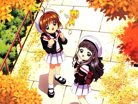 autumn card_captor_sakura daidouji_tomoyo kero kinomoto_sakura school_uniform - autumn-card-captor-sakura-daidouji-tomoyo-kero-kinomoto-sakura-s