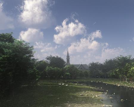 Church at Devonshire - sky, lake, tree, nature