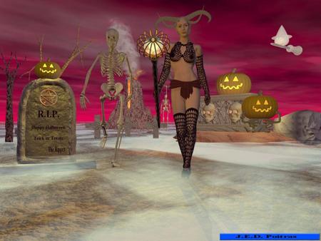 Horney - halloween, female, horned, jack-o-lanterns, demon