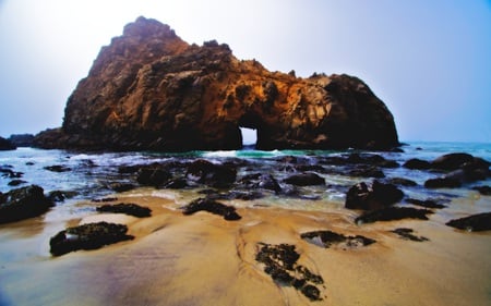 Foggy Beach - beaches, seaweed, foggy, waves, rocks, nature, formation, rock, small, sand