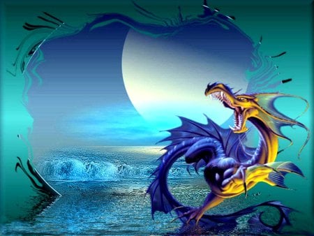 SEA DRAGON - moon, dragon, blue, green, sea, sky