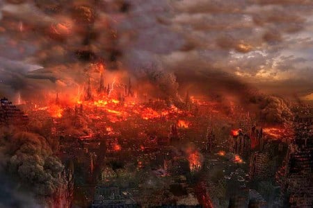 Red destruction - clouds, city, buildings, destruction, fire, red, flames, smoke, heat