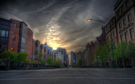 Beautiful Town - street, sky, trees, popular, peaceful, colorful, sunset, road, lanterns, clouds, architecture, house, grass, houses, cities, wallpaper, buildings, nature, town, beautiful, city, colors, lights, new