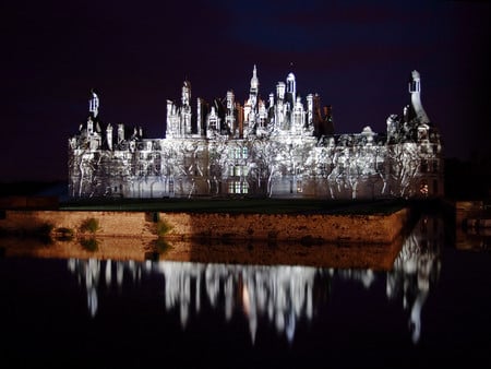 ghost castle - pretty, lonely, water, reflection, dark, black, big, white, huge, archecture, castle