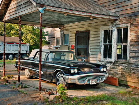 thunderbird - restoration, house, automobile, black, white, car, old, classic, ride, ford