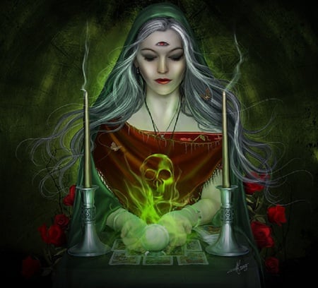 Pythia - roses, fantasy, girl, delphi, fortune, oracle, skull