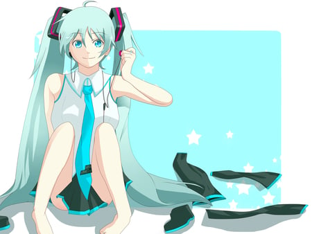 Hatsune Miku - pretty, tie, anime, vocaloid, blue, twintail, hatsune miku, music, headphones, blue hair, nice, blue eyes, skirt, beautiful, thighhighs, beauty, cool, white, miku, awesome, cute, hatsune, vocaloids