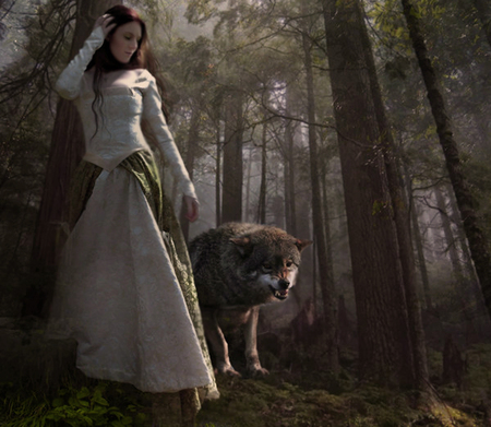 The guardian - pretty, artistic, dresses, wolf, canine, canines, dress, forest, forests, guardian, women, abstract, gown, gowns, trees, beautiful, girl, digital art, wolves, cg, fantasy, woman, animals, photo manipulation