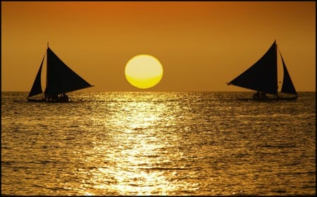 Sunset between two sail ships - sail, sea, sunset, ship