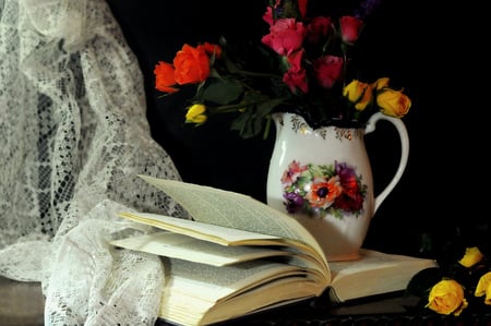 Flowers and book - flowers, still life, book, vase