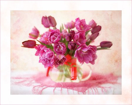 still life - nice, photography, tulips, bouquet, still life, vase, cool, pink, beautiful, jug, flowers, photo, lilac, flower