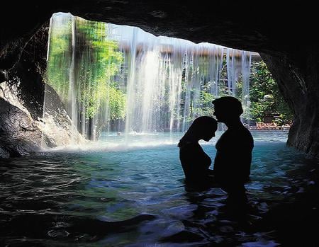 Behind the falls - cave, trees, water, waterfall, rock, embrace, private, lovers