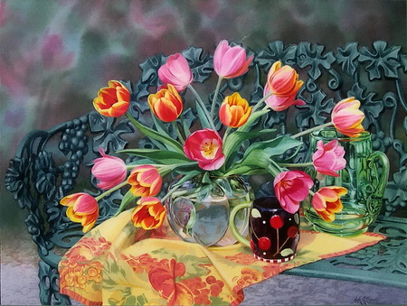 Garden Glory - cloth, painting, pitcher, glass, bowl, tulips, iron, mug