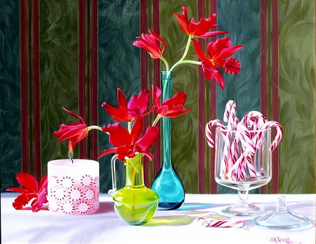 Sparkles & Stripes - orchids, candle, vases, candy canes, glass dish, still life, painting, red, table