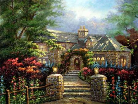 Country Estate - house, trees, stone, bushes, fence, steps, flowers, painting, country, art